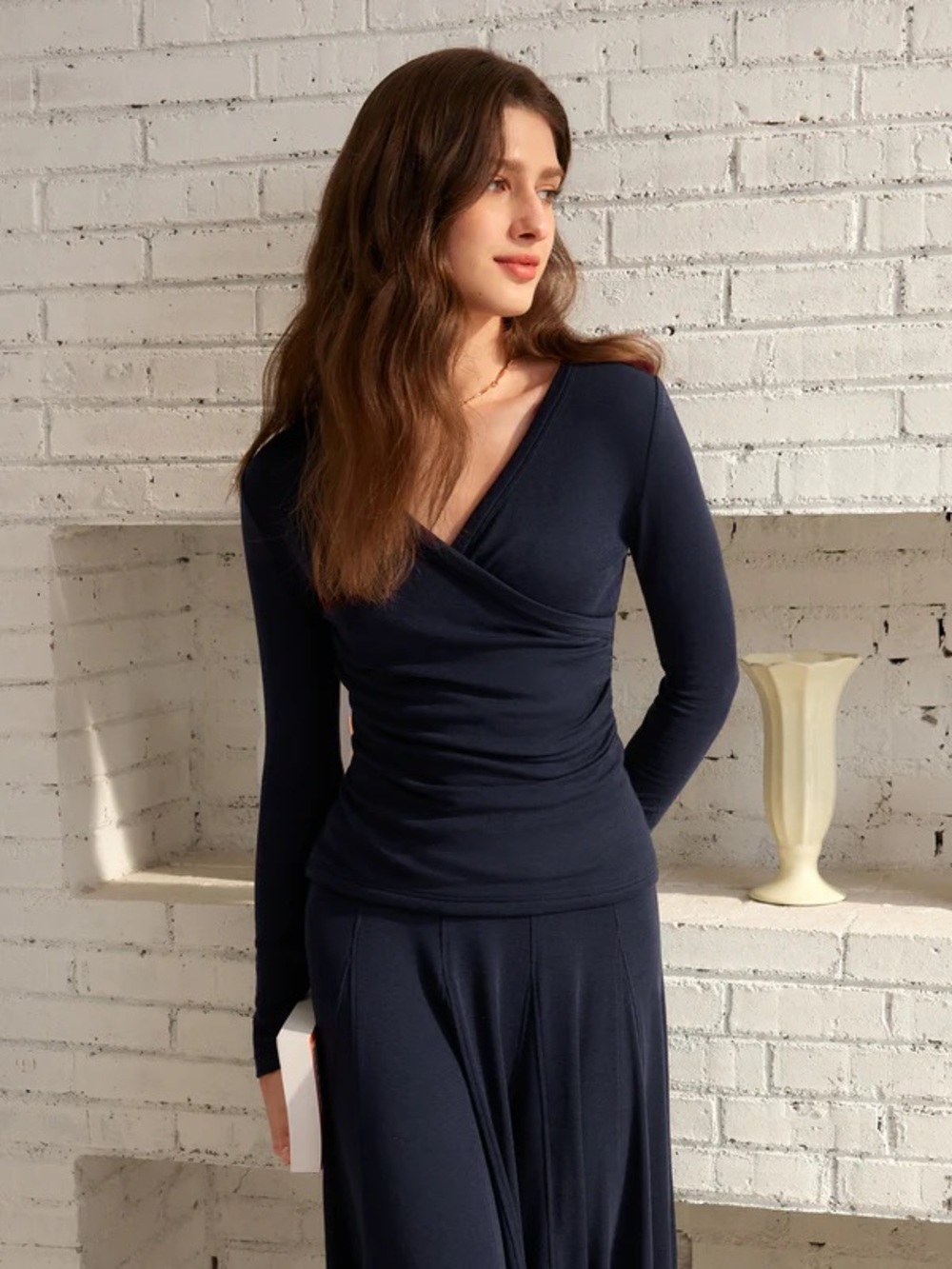 OGL Navy Lyocell Wool Surplice Ruched Long Sleeve Top Size Medium